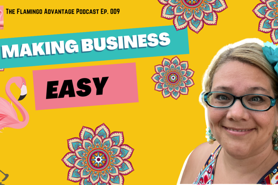 Make business easy Katie Hornor on yellow background with colorful flowers.