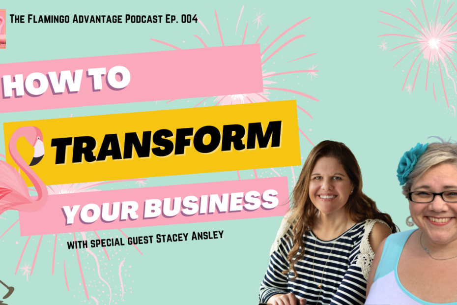 Stacey ansley and katie hornor on mint background with flamingo Business transformation